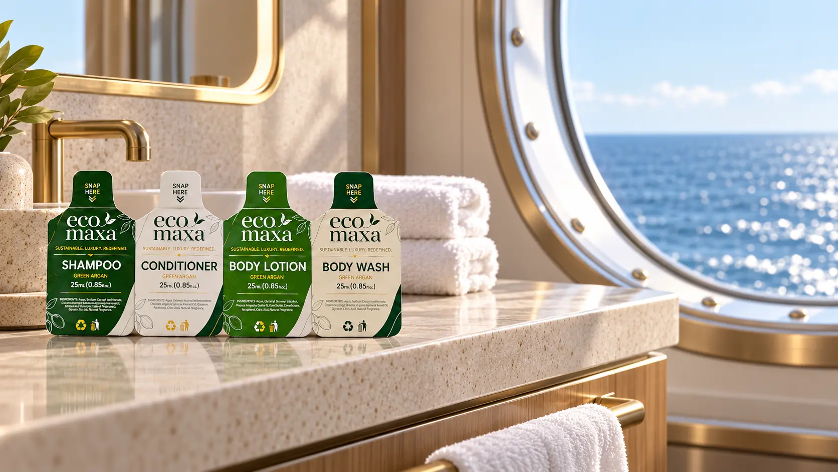 Eco Maxa amenities beside an ocean-view cruise-suite vanity