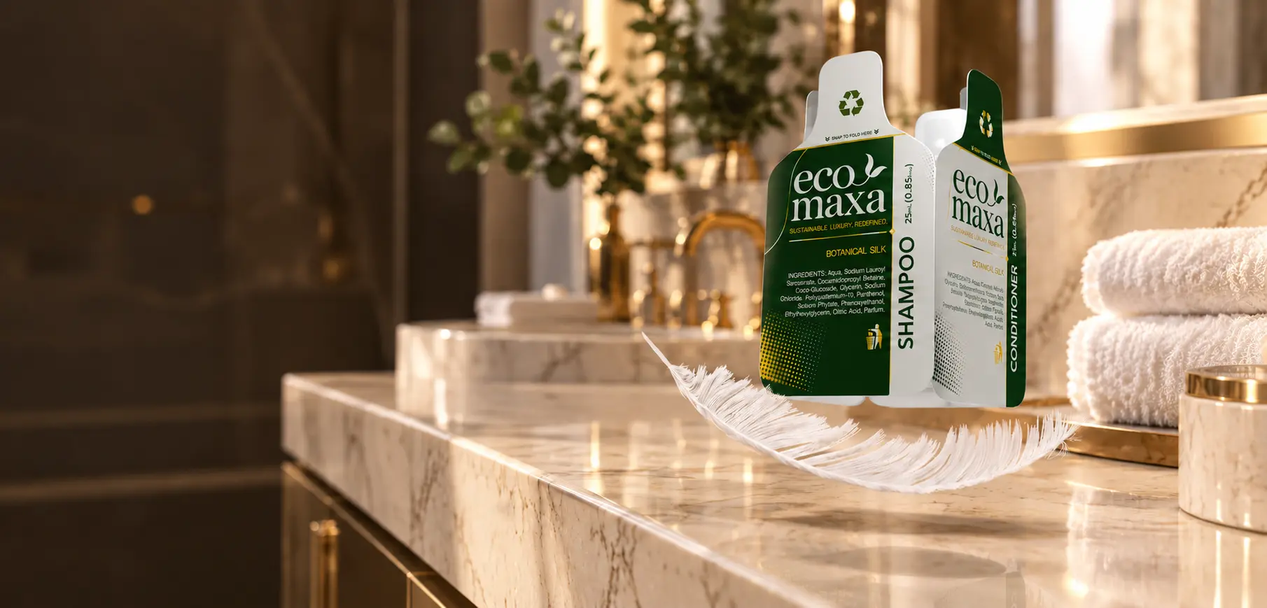 Eco Maxa four-pack floating above a marble vanity in a luxury hotel bathroom