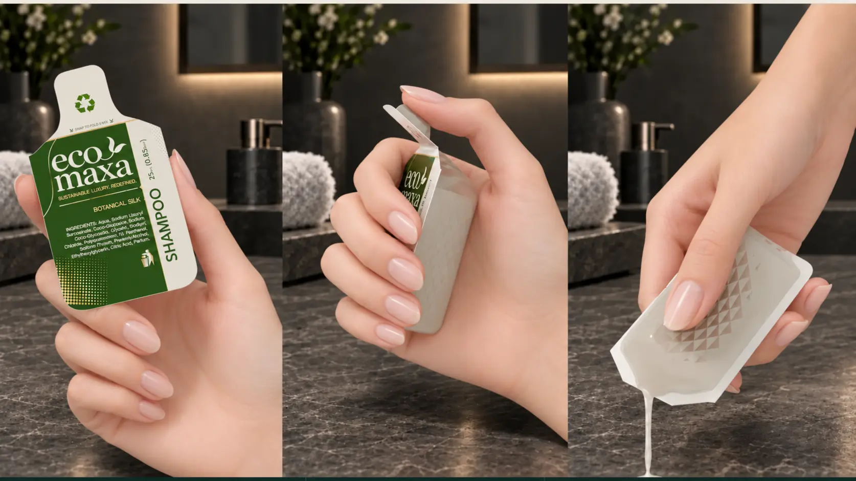 Three-step Eco Maxa sequence showing the pack held, snapped open and squeezed to dispense